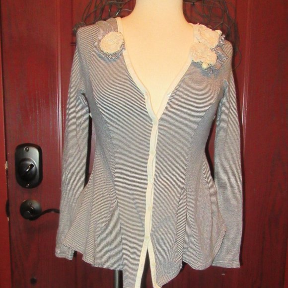 Y2K Vintage Anthropologie Black Cream Luluvia Striped Cardigan w. flowers Small - Picture 2 of 7